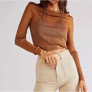 NWT Free People H20 Crew Pullover Size Small Tiger Eye Open Knit Top